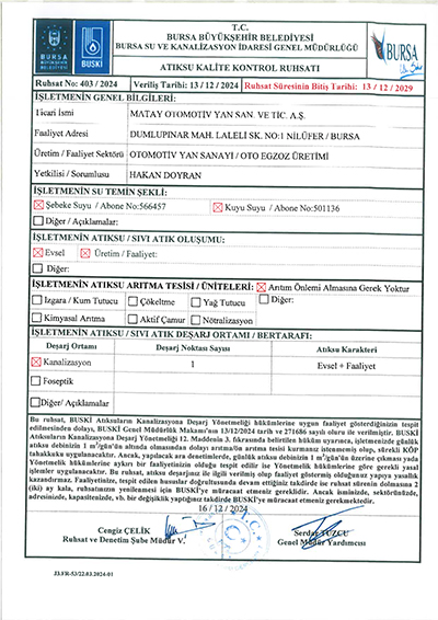 BUSKİ Atıksu Kalite Kontrol Ruhsatı 2024-2029 